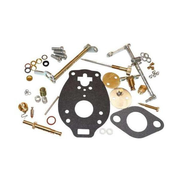 Allis-Chalmers Platinum Carburetor Kit for Allis Chalmers CA and D14, assorted carburetor repair parts and gaskets arranged on a white background.