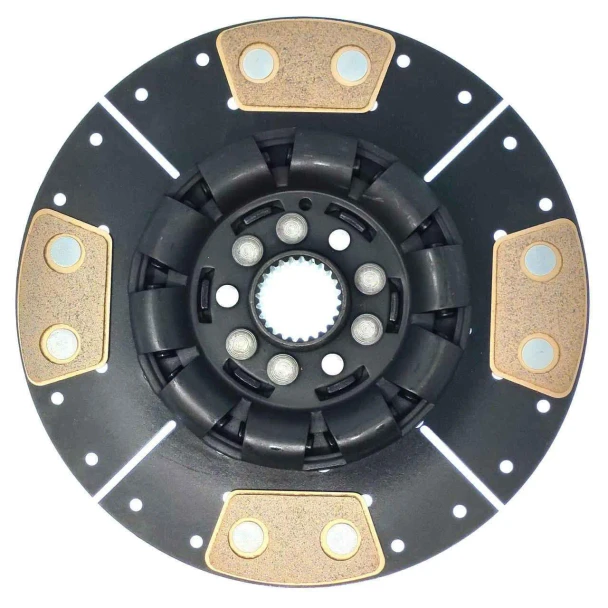 A circular clutch disc designed for Allis-Chalmers farm tractors, specifically for models D10 and D12. The disc features a central spline with gear-like teeth, surrounded by a black segmented ring with four gold-colored friction pads evenly spaced around the perimeter. The overall diameter is 9 inches, and it appears to be spring-loaded to enhance performance.