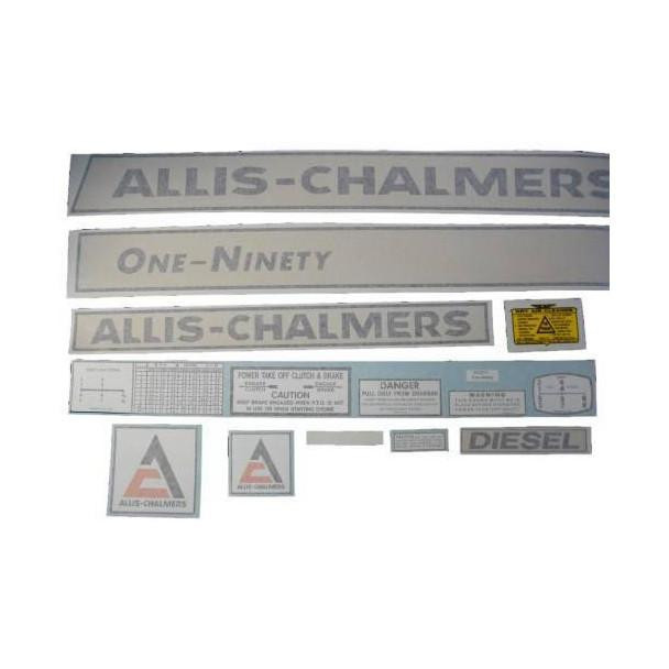 Allis-Chalmers 190 One-Ninety Diesel Vinyl Cut Decal Set, with various decals including company logos, model name, and safety warnings.