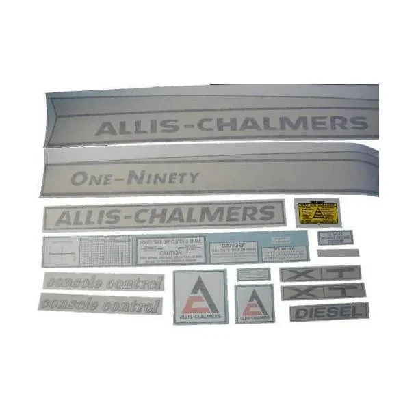 A set of vinyl decals and labels for Allis-Chalmers 190 One-Ninety XT Diesel farm tractor, including logos, model name, and various warning and control labels.