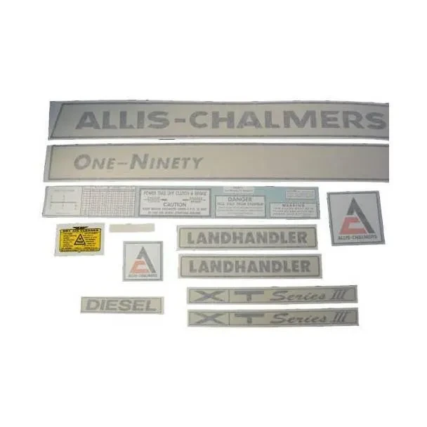 Set of vinyl decals for Allis-Chalmers 190 One-Ninety XT Series III Diesel tractor, including logo, model name, series designation, and safety labels.