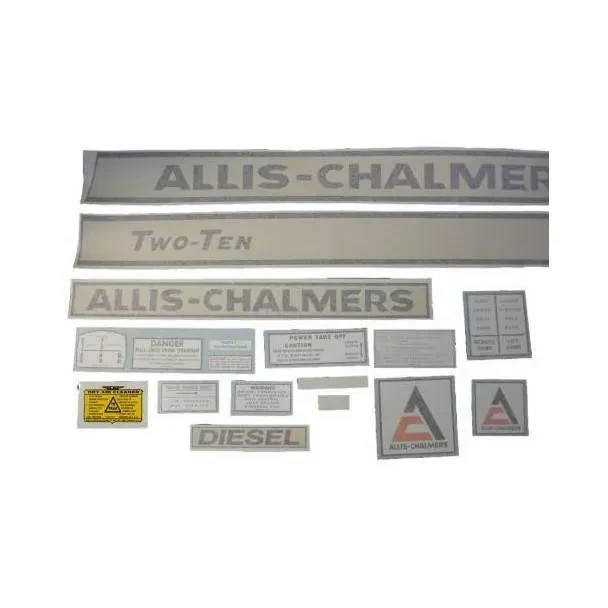 A set of vinyl decals for Allis-Chalmers farm tractors, including labels for 'ALLIS-CHALMERS', 'Two-Ten', 'DIESEL', and logo decals with an 'A' and 'Chalmers' text.