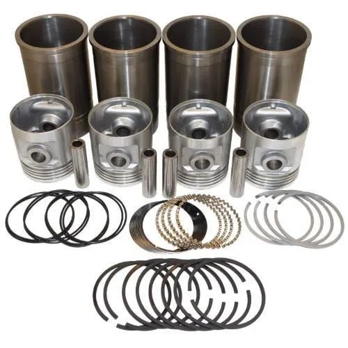 A kit containing pistons, sleeves, rings, pins, and various gaskets designed for Allis-Chalmers farm tractors such as models B, C, CA, IB, and RC.