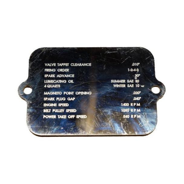 Allis-Chalmers Early B Manifold Information Plate, metal identification plate with specifications for engine and parts settings.