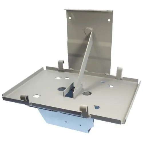 A metal battery tray designed for Allis-Chalmers D19 farm tractor, model number 70236715. The tray is rectangular with raised sides, mounting brackets on the sides, and a vertical support in the center for securing the battery.