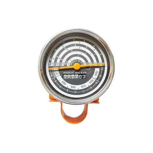 Allis-Chalmers Tachometer for D10, D12 9000 & Up, round analog automotive tachometer with black and white dial, yellow needle, and digital display for hours at 1650 RPM.