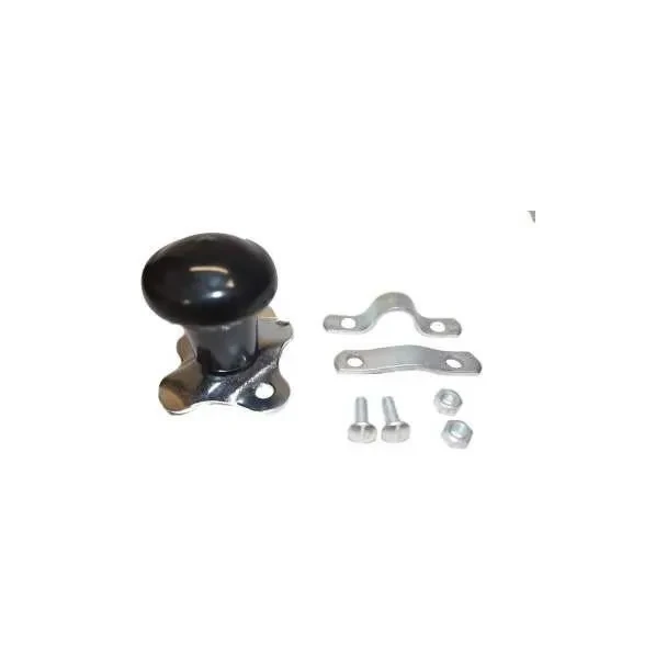 Black aftermarket steering wheel spinner with mounting hardware, designed for Allis-Chalmers farm tractors.