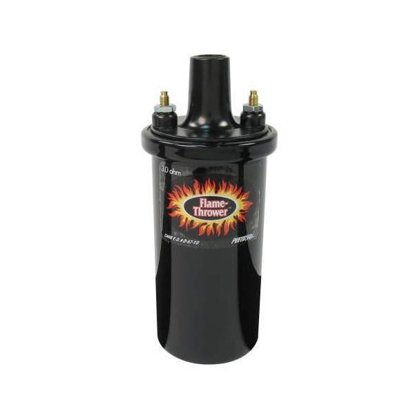 Pertronix Flame Thrower Coil 40,000 Volts 12V, black ignition coil with Flame Thrower logo and connection terminals