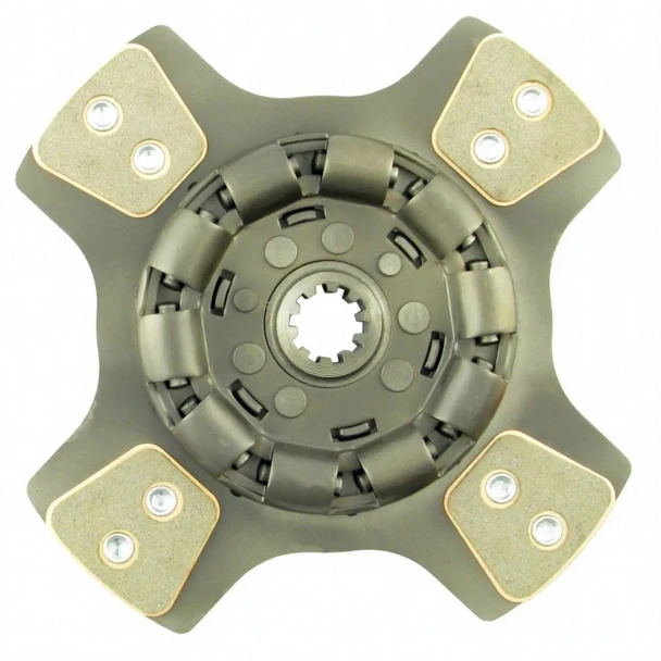 A close-up photograph of an Allis-Chalmers 11-inch clutch disc designed for farm tractors, featuring a central hub with gear-like splines and four attached friction pads at the corners for added grip.