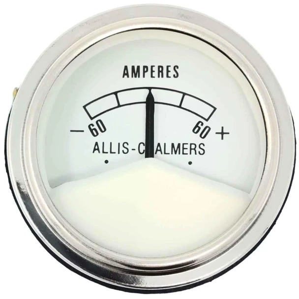 A white amp gauge with black markings, showing a range from 0 to 60 Amperes, used for Allis-Chalmers farm tractors. The gauge has the text "ALLIS-CHALMERS" at the bottom center and "AMPERES" at the top, with a needle pointing to just below 60.