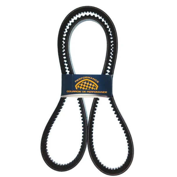 A black performance fan belt suitable for Allis-Chalmers farm tractors, models 180, 185, 190, and 190XT. The belt is displayed with a blue label that reads "Performance" and "Courroie De Performance" with a yellow checkered flag design.