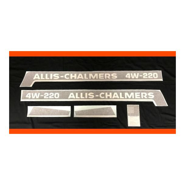 Allis-Chalmers 4W-220 Vinyl Decal Set, images of various white vinyl decals with black text for tractor or equipment branding.