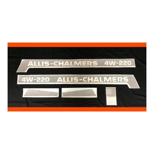 Allis-Chalmers 4W-220 Vinyl Decal Set, images of various white vinyl decals with black text for tractor or equipment branding.
