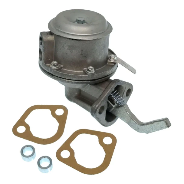 A metallic fuel pump for Allis-Chalmers D19 farm tractors, designed for CII and F Combine models. The pump features a cylindrical top with a lever and is accompanied by two gaskets and two washers, all set against a plain white background.