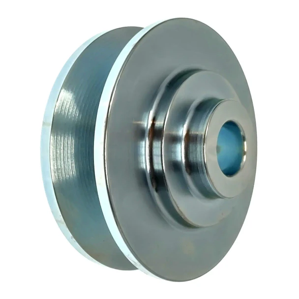 A metallic, round aftermarket mini Denso alternator pulley with a central hole, designed for use on Allis-Chalmers farm tractors, not for automobiles.