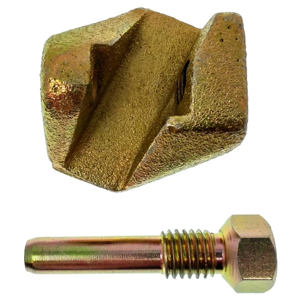 A close-up image of a gold-colored metal stop and bolt designed for Allis-Chalmers farm tractors. The stop has a rectangular, hollowed-out section, and the bolt has a threaded shaft with a hexagonal head.