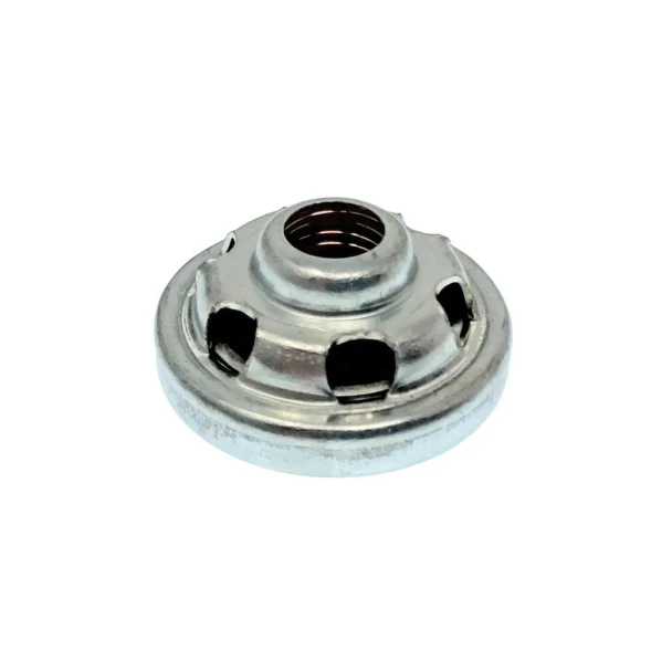 A metallic check valve with a round, slightly domed shape, having a central threaded opening and multiple cut-out sections around the sides, designed for use in Allis-Chalmers farm tractors.