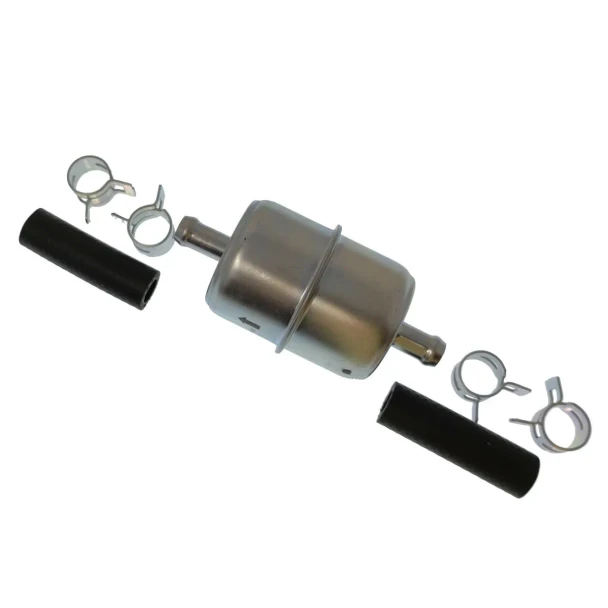 An aftermarket inline fuel filter with two black rubber hoses, two metal clamps, and a metal housing, designed for Allis-Chalmers farm tractors.