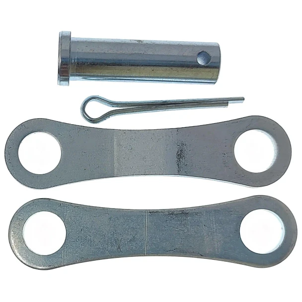 A metal hardware kit consisting of two large flat levers with circular holes at each end, a cylindrical metal pin with a hole, and a small curved metal clip, designed for use with Allis-Chalmers farm tractors and Case equipment.