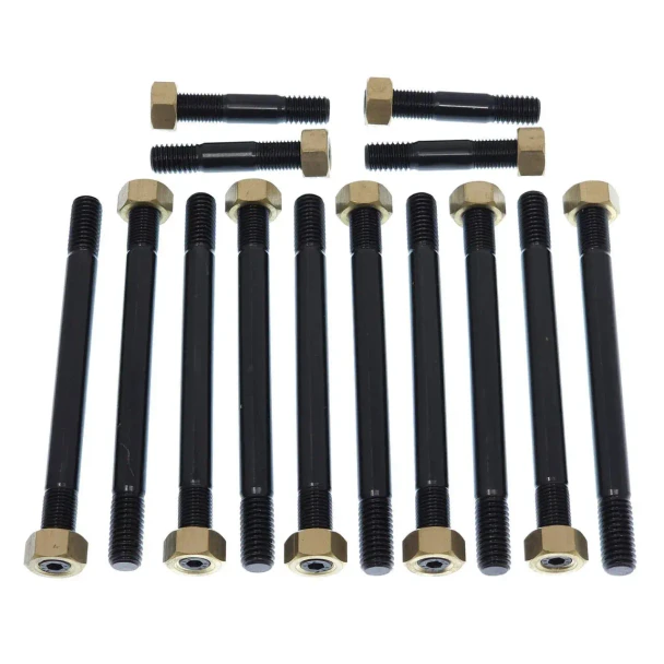 Allis-Chalmers D19 Gas Manifold Stud Set AC019, a set of black metal studs with brass-colored nuts, used for engine manifold assembly.