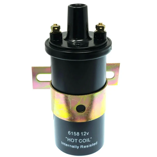 Aftermarket 12V Distributor Hot Coil 55000 Volts Internally Resisted, black electrical coil component with mounting brackets and terminal connectors.