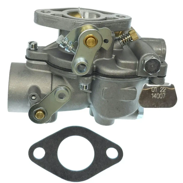 Allis-Chalmers Zenith Style Carburetor for Allis Chalmers D10 D12 70235975, metallic carburetor with attached linkage and a gasket.