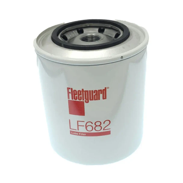 Fleetguard Engine Oil Filter, Allis-Chalmers D17 D19 D21 180 185 190 190XT 210 220 6060 6070 6080 compatibility, cylindrical white lube filter with black gasket and red Fleetguard logo, model LF682.