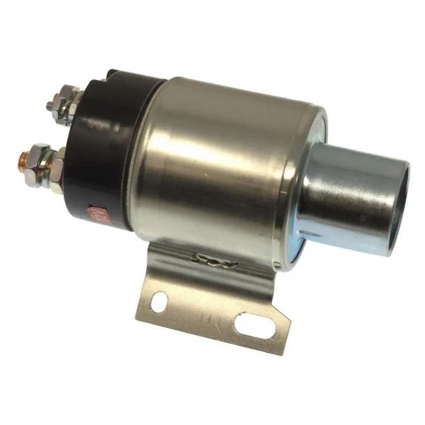 Allis-Chalmers Delco Starter Solenoid for Allis Chalmers 4W220, 7000, 8000 Series, metal cylindrical starter solenoid with electrical terminals and mounting bracket.