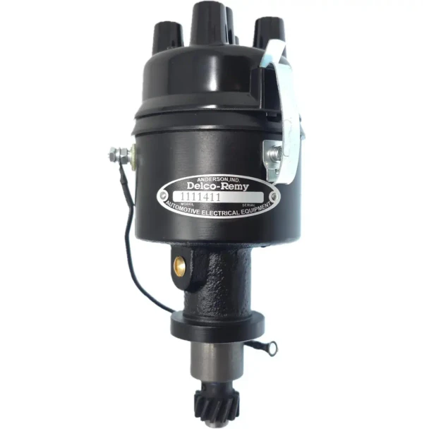 Allis-Chalmers Delco Distributor 1111411, automotive electrical equipment for Allis Chalmers B, C, CA, D14, RC, WC, WD, WD45, WF tractors, front view of the black distributor with metal parts and mounting details.