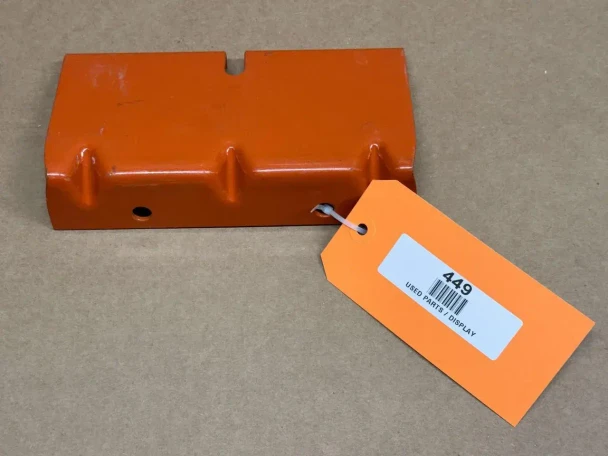Allis-Chalmers D14 D15 D17 PTO Guard, displayed in bright orange with a mounting hole and a keyhole slot, used part for tractor safety.