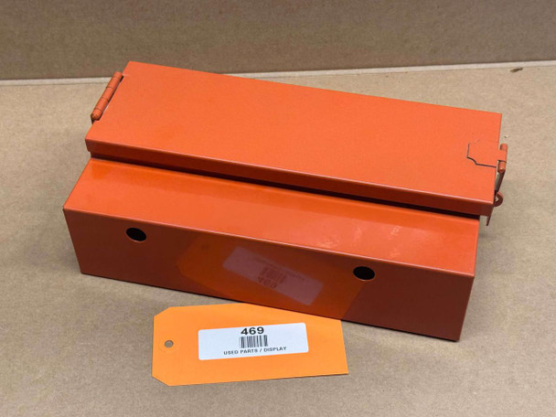 Toolbox for Allis-Chalmers WC, RC, WF, display, orange steel storage box with lid and handle.