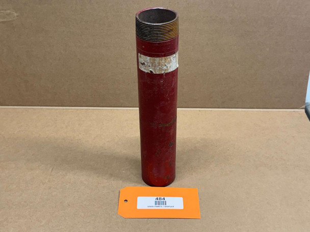 Threaded Exhaust Pipe 2-1/4" x 10-3/8" with red finish and threaded top, used for automotive exhaust systems, displayed on a cardboard surface.