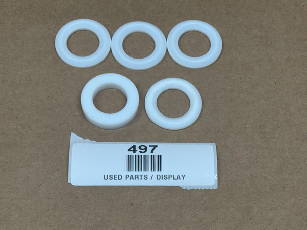 Allis-Chalmers Hydraulic Ram Packing Seal Kit Assembly B, IB, C, displayed with five white rubber seals on a brown surface, with a label reading '497 USED PARTS / DISPLAY'.
