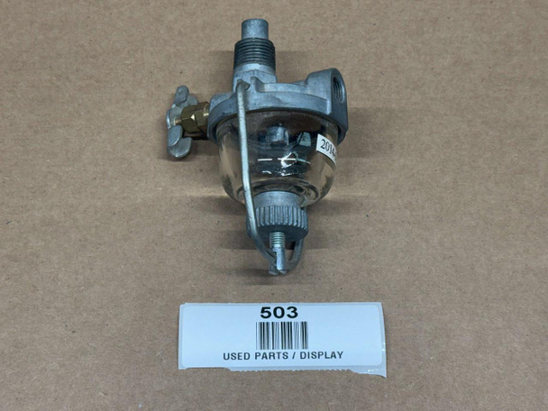 Sediment Bowl Assembly Allis Chalmers B C CA IB RC D14 D15 D17 D19 tractor parts, used sediment bowl assembly on brown background with display label.
