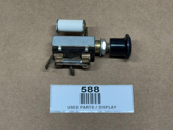Allis-Chalmers 3-Position Light Switch AC-139D, 70208197, 208197, used part on display with black knob and metal components.