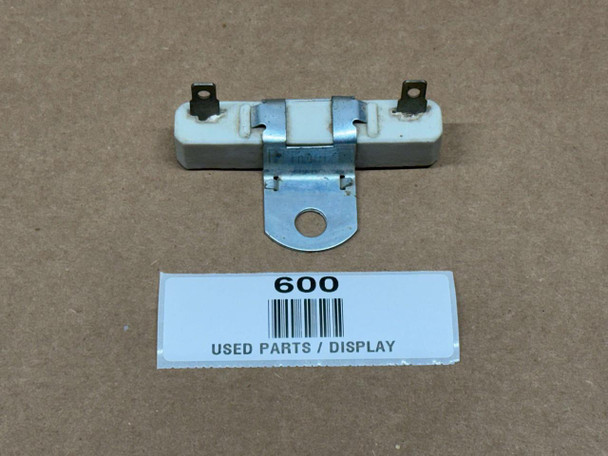 Universal 12 Volt Resistor, electronic component with metal mounting bracket and two electrical terminals on a brown background.