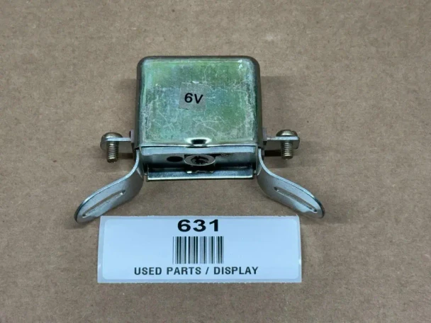 Allis-Chalmers 6 Volt Generator Cut Out Relay Assembly, display view showing electrical relay with metal mounting brackets and 6V label.