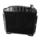 Black replacement radiator for an Allis-Chalmers 190 or 190XT farm tractor, shown from the front with a ribbed upper tank, radiator cap neck, wide finned core, and side mounting flanges.