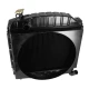 Black replacement radiator for Allis-Chalmers 190 and 190XT farm tractors, shown isolated on a white background with a brass-colored radiator cap, hose connections, and a large circular fan opening.