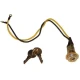 Allis-Chalmers tractor ignition key switch with a brass-colored cylindrical switch, two attached yellow and black wires with ring terminals, and two keys.