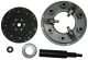 Allis-Chalmers farm tractor clutch kit shown laid out on a white background, with a friction disc, gray pressure plate assembly, two circular bearing components, and a black splined alignment tool. Fits B, C, CA, D14, D15, H3, HD3, I500, I600, IB, D10, and D12 tractors.