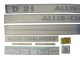 Allis-Chalmers D21 Series II vinyl decal set laid out on a white background, including long gray model and brand stripes, “D 21,” “ALLIS-CHALMERS,” Series II turbocharged diesel lettering, safety and operating labels, and an Allis-Chalmers emblem.