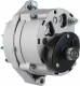 Close-up of a silver 55-amp alternator with a black tachometer gear box and threaded pulley shaft, for Allis-Chalmers farm tractors.