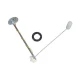 Allis-Chalmers farm tractor fuel sending unit for models 9130, 9150, 9170, and 9190, with a circular mounting plate, long float arm and white float, wiring, and a separate black gasket.