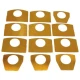 A set of ten yellowish-orange shim pieces for Allis-Chalmers farm tractor main bearing caps, with various hole and shape sizes.