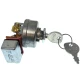 A metal ignition key switch for Allis-Chalmers farm tractors, with a key inserted. The switch has various electrical components and a key attached with a ring, labeled 'ALLIS.'