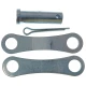 A metal hardware kit consisting of two large flat levers with circular holes at each end, a cylindrical metal pin with a hole, and a small curved metal clip, designed for use with Allis-Chalmers farm tractors and Case equipment.
