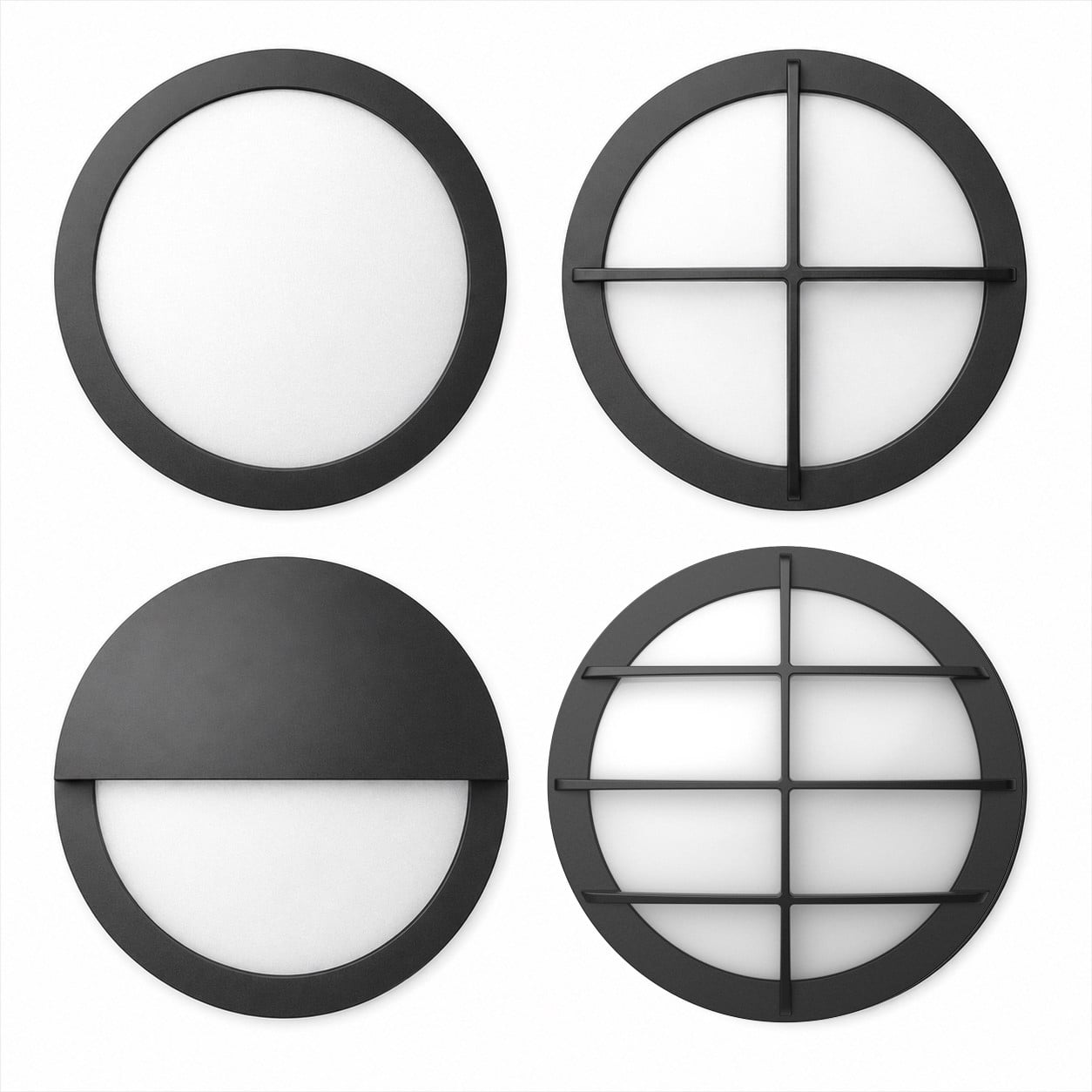 LED outdoor bulkhead lights with round, cross, eyelid and grid trim lens styles