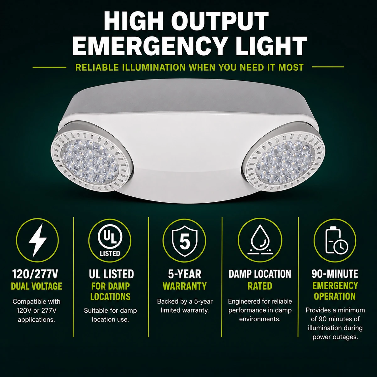 High output LED emergency light, 120/277V, UL Listed, damp location rated, 90-minute battery backup