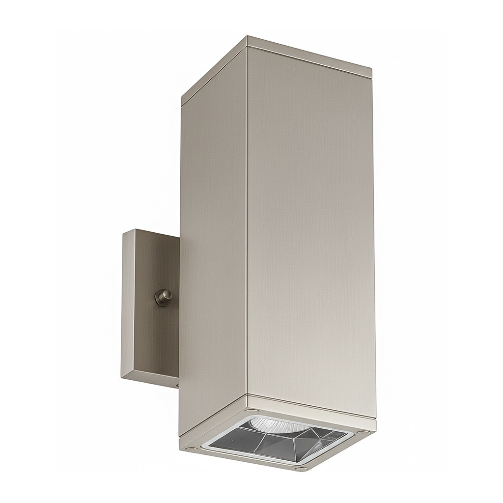 modern LED wall sconce, 20W, selectable color temperature, brushed nickel square cylinder, downward beam, studio image